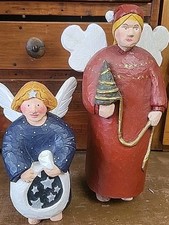 Folk Art Style Primative Angels Limited Edition Christmas Vtg 90s 1 Wood 1 Resin