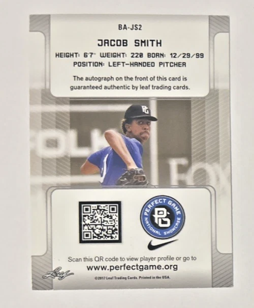 Jacob Smith 2017 Leaf Perfect Game #BA-JS2 Black SP Autograph /50 Insert - Imagem 3 de 3