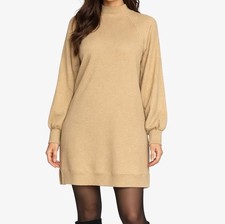 GB Small Camel Tan Ribbed Tunic Sweater Dress Balloon Sleeves High Neck Winter