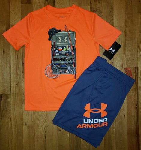Under Armour Boys Fish Tackle Box Shirt Short Set YMD YLG NEW