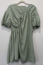 ASOS Sage Green Satin Smock Dress Sz 14 Puff Sleeve Ruching Lagenlook Coquette 