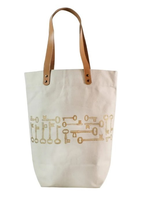 Canvas Bohemian Gold Keys Tote Leather Handle by HomArt