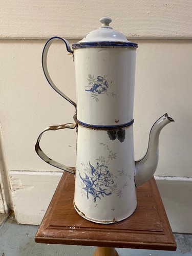 ANCIENNE CAFETIERE PARISIENNE TOLE EMAILLEE DEBUT XXEME DECOR FLORAL BLEU - Picture 6 of 17
