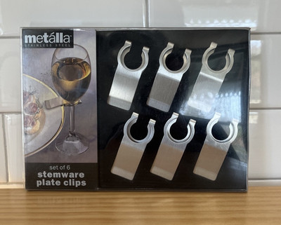 Wine Glass Plate Clips Brushed Stainless Steel Metalla Stemware Party NWT