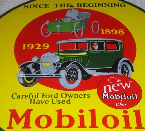 VINTAGE MOBIL FOR FORD OWNERS 11 3/4" PORCELAIN METAL GASOLINE OIL MOBILOIL SIGN