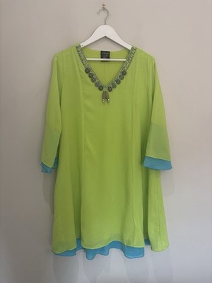 Y2K CAM limettengrün verziertes Tunika Kleid XL/XXL Boho Festival Hippie fließend