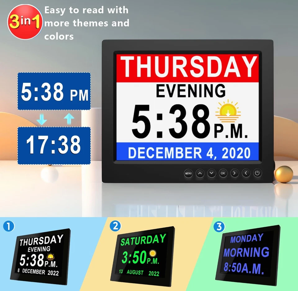 8 Inch Large Dementia Clock 19 Alarms with Auto DST, 20 Custom Reminders,10 L... - Image 2 of 4