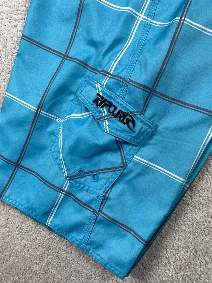 Shorts de prancha Ripcurl masculino 38 listras azuis xadrez retrô secagem rápida praia surf - Imagem 4 de 4