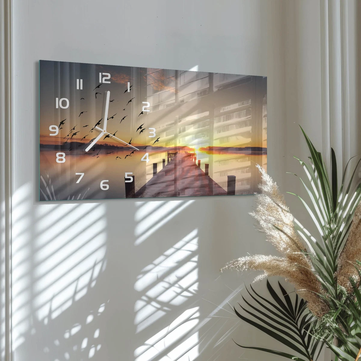 Reloj de Pared Rectangular Cristal Decorativo Elegante Atardecer 60x30 cm