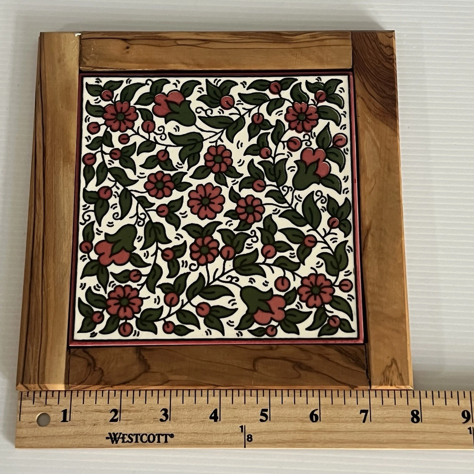 Vintage Tile Trivet Ceramic Floral Olive Wood Frame 8” - product detail image 6