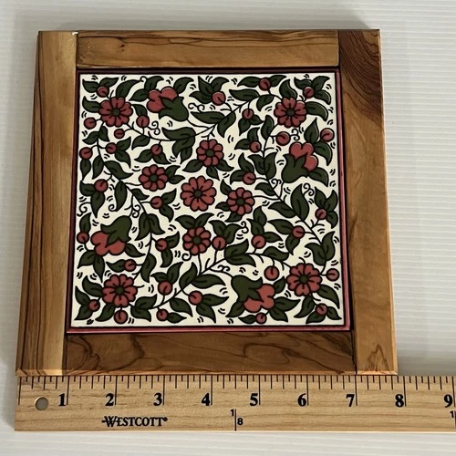 Vintage Tile Trivet Ceramic Floral Olive Wood Frame 8” image 6