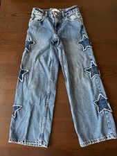 ZARA Girls Wide Leg Blue Jeans With Stars On Sides Size 11-12 Years 148 cm