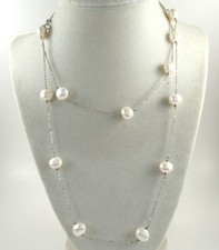 .925 Sterling Silver Pearl Station Necklace Single Strand 36" Long White