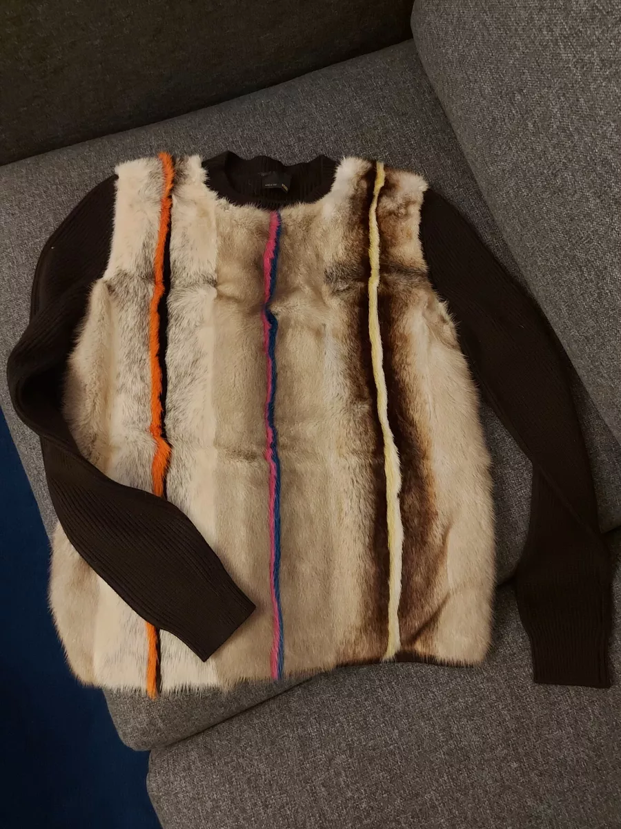 Authentic Fendi Brown Jumper Sweater Front Fur Multicolor 40 Size