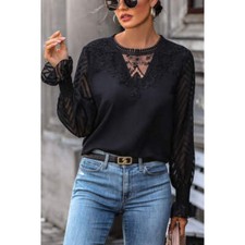 Lace Detail Smocked Flounce Sleeve Blouse