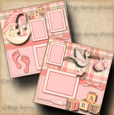 BABY GIRL 2 pre-made scrapbooking pages layout paper piecing digiscrap A0052