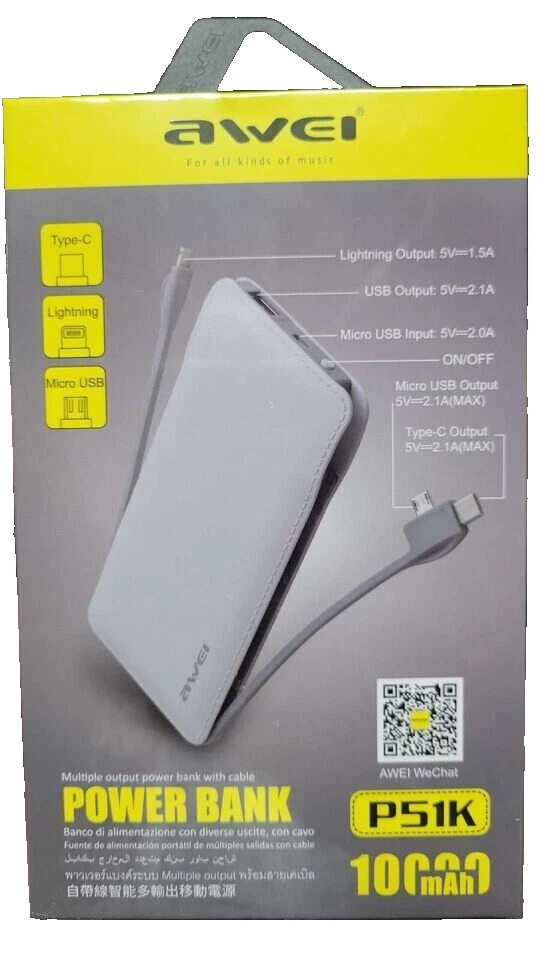 Banco de alimentación portátil de carga rápida con cable USB tipo C IOS para viajes-BLANCO Foto 2 de 2