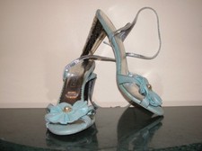 Bridal blue Leather slingback crystal heels  shoes, size 7 , bow   pearl front 