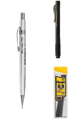 Pentel Sharp Metallic Silver Pencil Kit 0.9mm Lead Black Clic Eraser Office Home