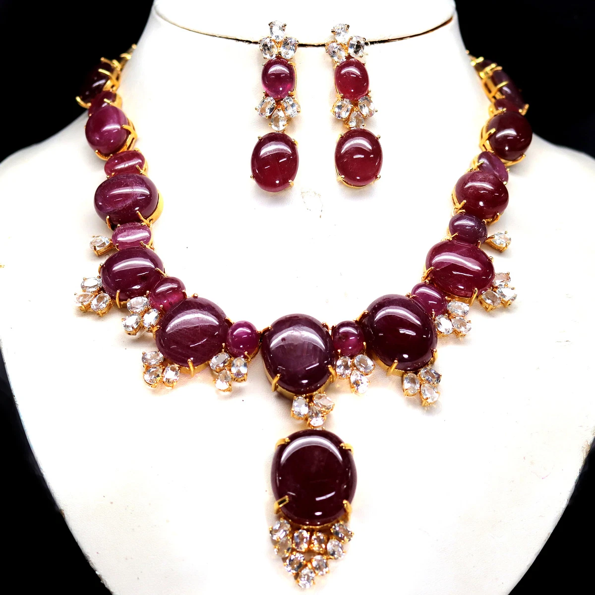 Anbefalede sundhed Direkte SET BLOOD RED RUBY &amp; WHITE TOPAZ NECKLACE WITH EARRINGS 925 SILVER |  eBay