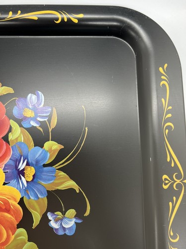Vtg Black Floral Toleware Tray Purple Red Blue Orange Flowers Serving Beverage - Picture 7 of 10