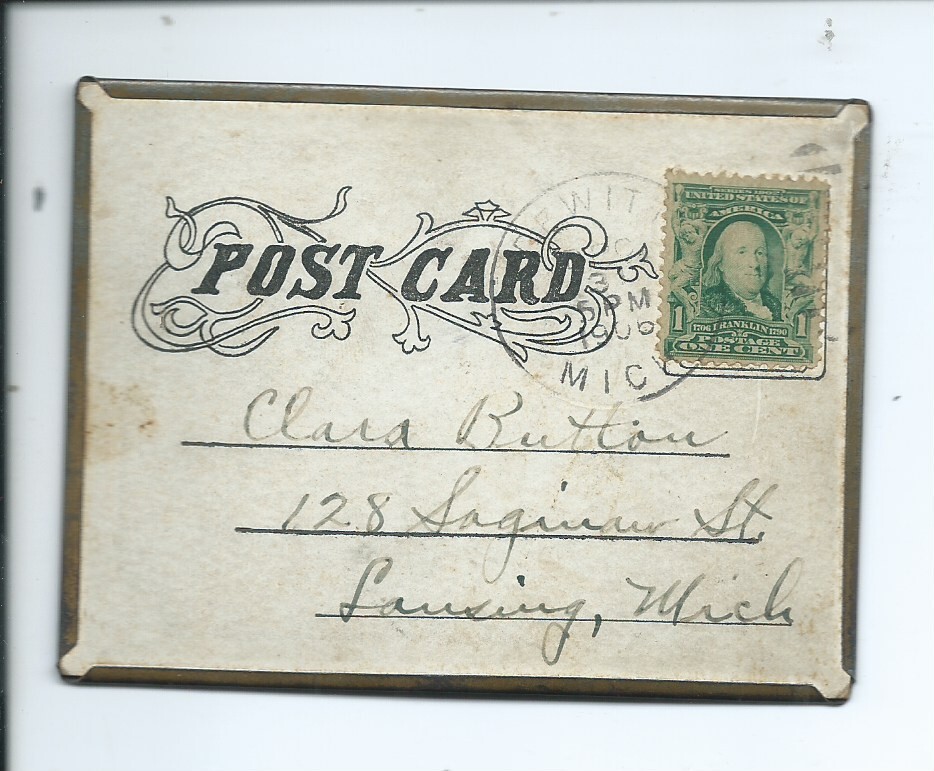 Michigan Postmarks 1906 postmark Metal Rim Edge Postcard DEWITT MICHIGAN 1-cent stamp FUN ...