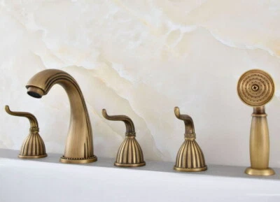 DLL Antique Brass Bath 5-holes Roman Tub Faucet Mixer Tap With Hand Spray Shower