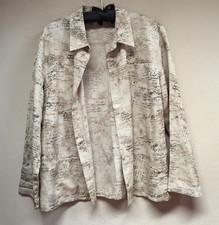 Chico's Design Women's Silk Linen Post Card Print Open Front Jacket Size 2 Tan