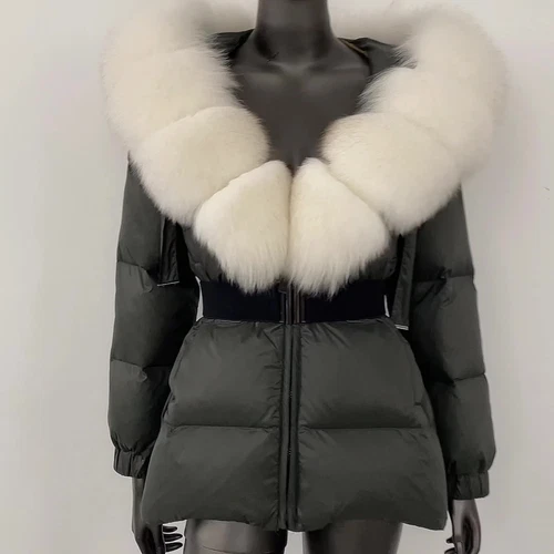Winterjacke Damen echt Fuchspelz Kapuze dick warm weiß Entendaunenmantel - Bild 3 von 35