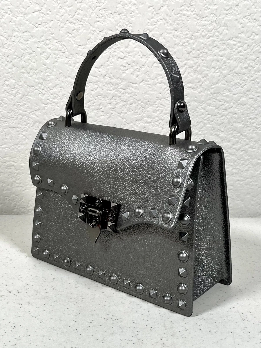 Women Solid Black PU Zipper-Up Embellished Small Studded Bag - Berrylush