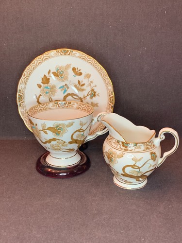 Tuscan Blue Gold Brown Tea Cup Saucer & Creamer England Bone China Vintage 1844