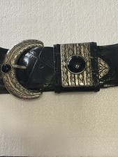 ADOPPIA VITA BELT Black Leather Silver Buckle Accent 80/30 ITALY Patterned Vtg