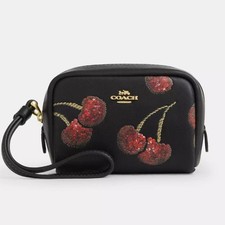 NWT Coach Leather Pouch Wristlet With Cherry Print CDF01 Gold / Black Red Multi