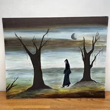 SIGNED “The Lonely Walk” Artist Ives 1968 Surrealist Oil Painting MCM Vintage