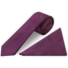 Plain Plum Satin Skinny Boys Tie and Pocket Square Set Kids Wedding Formal Prom