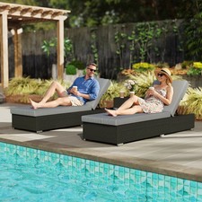 Rattan Sun Loungers Set of 2 with Side Table, Adjustable Back, Dark Grey
