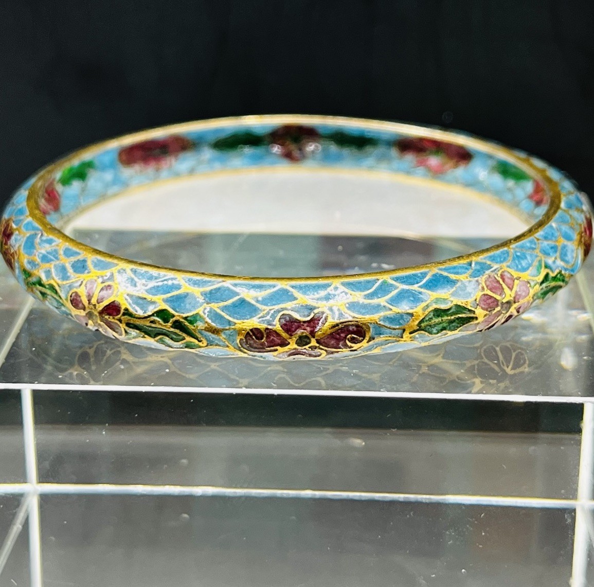 Vtg. Plique A Jour Pink & Blue Floral Stained Glass Bangle Bracelet 7 3/4”