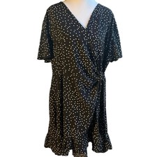 Polka Dot Black White Large V-Neck Wrap Ruffled Flutter Sleeve Midi Dress