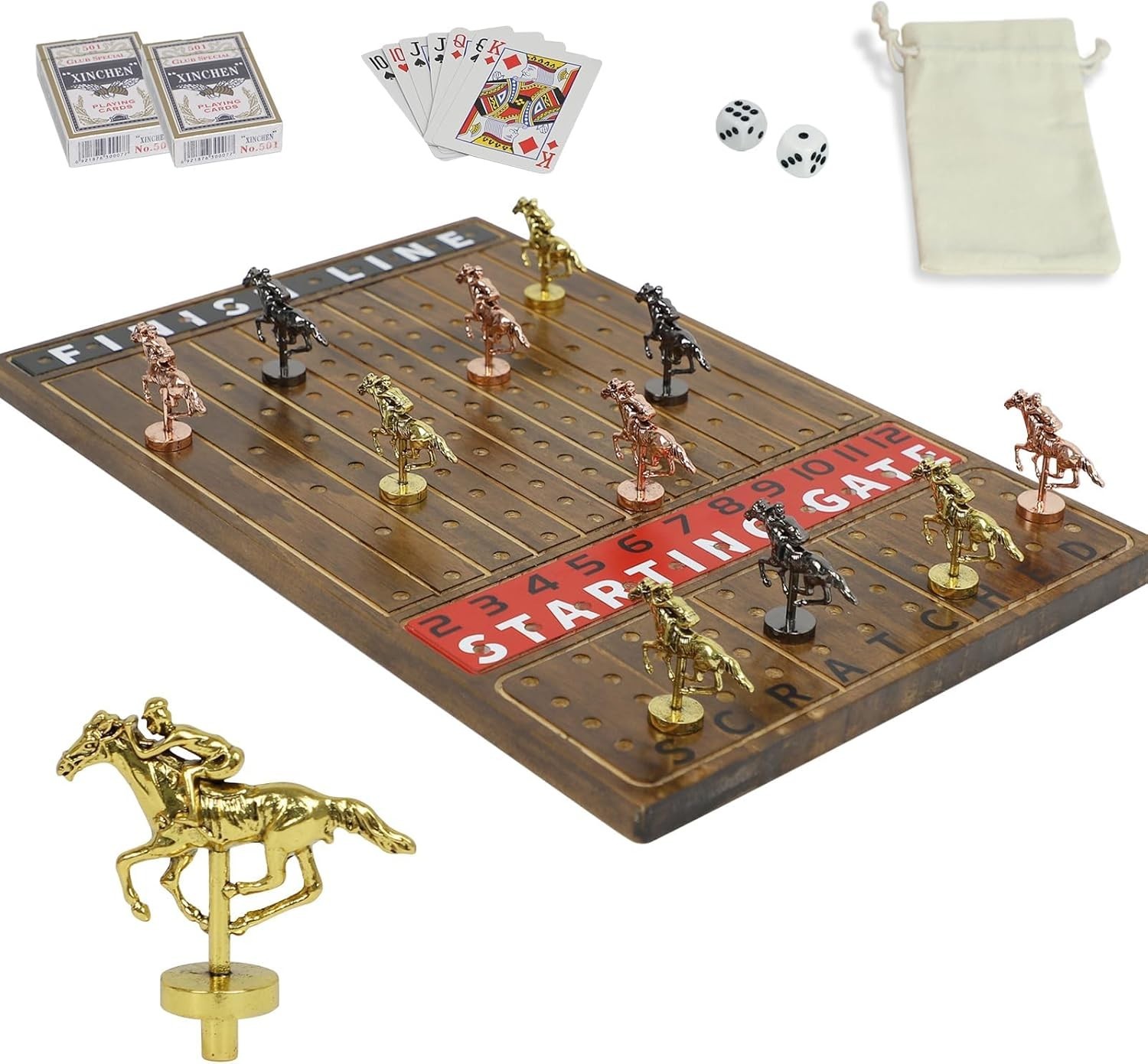 Horse Racing Game Wooden Horse Race Board Game with 11 Luxury Metal Horses