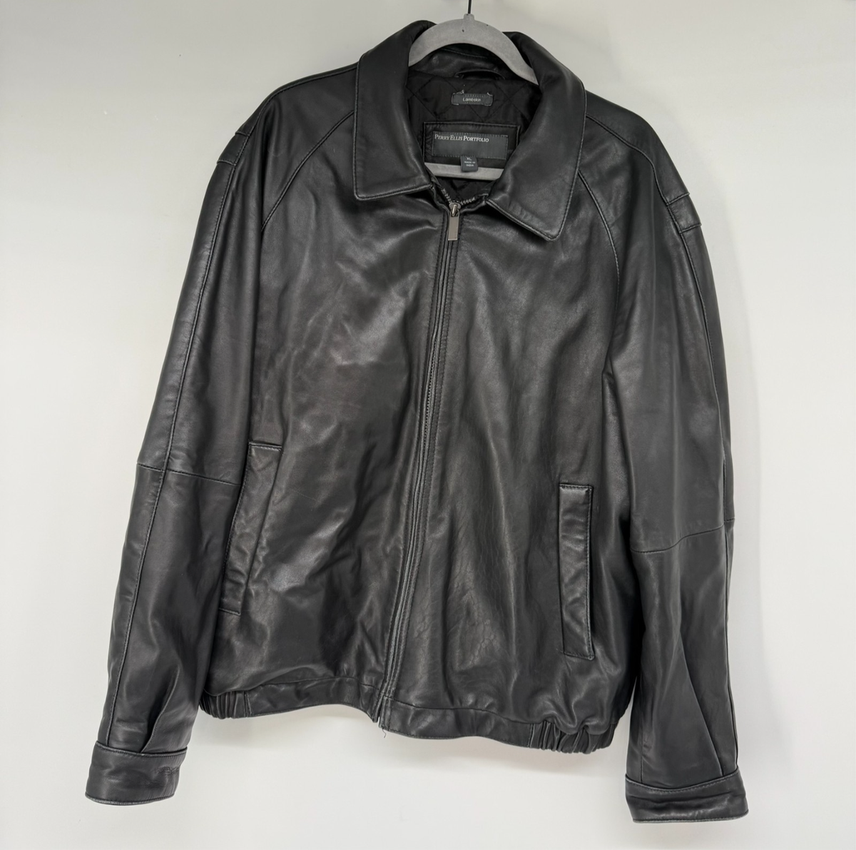 Perry Ellis Portfolio Mens Jacket XL Black Genuine Lambskin
