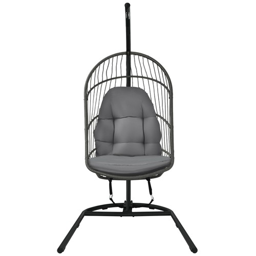 Hanging Hammock Egg Chair Patio Rattan Swing Chair w/ Stand & Grey Cushions - Picture 8 of 9