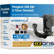 ANHÄNGERKUPPLUNG für Peugeot 308 SW 14-21 vert. abnehmbar ORIS +7pol E-Satz ABE