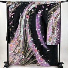 Woman Japanese Kimono Furisode Silk Plum Blossom Silver Thread Black 161.5cm