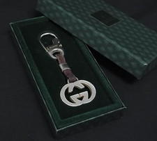 Gucci Interlocking Double G Key Ring Holder Bag Charm Silver Brown Leather Japan