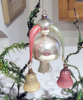 Three Bells hanging from Globe. Fantasy Style. 1920s German Glass Ornament