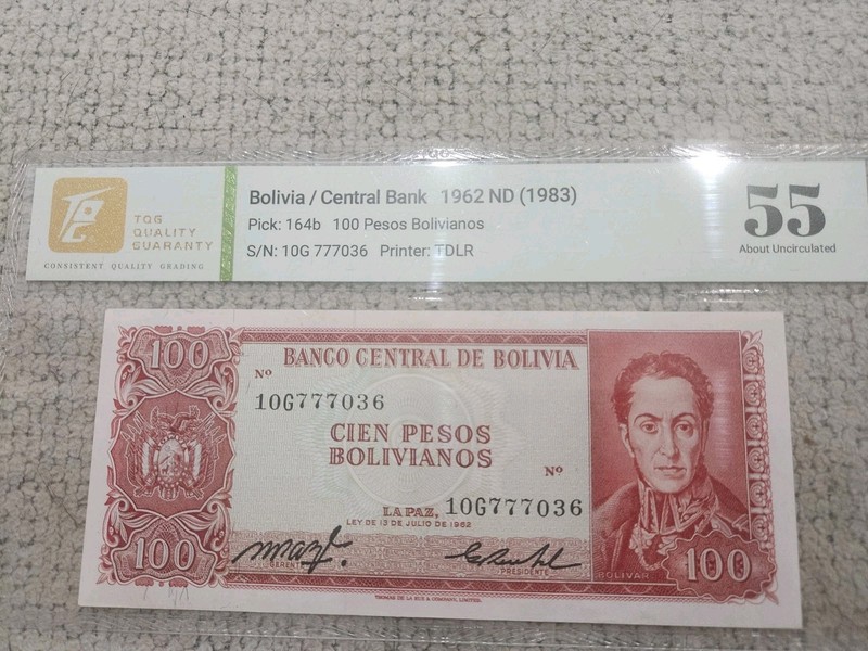 Bolivia Central Bank 1962, 100 Pesos Bolivianos Pick #164b TQG 55 AU