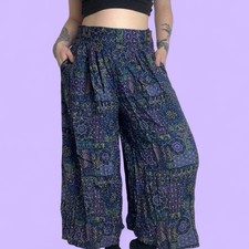 Vintage 1980s Side Button Flowy Wide Leg Pants Pockets Size 10 Blue High Rise