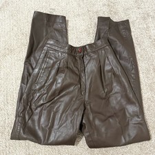 Vintage 90s Minimal Brown Leather Pleated High Waist Trousers Pants XS
