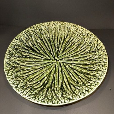 Vtg Mud Pie 14  Majolica Style Dark Green Asparagus Shallow Charger Or Bowl