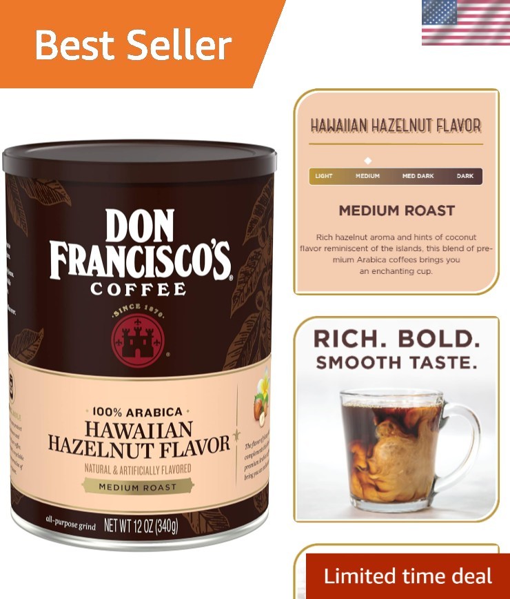Exquisite Hawaiian Hazelnut Ground Coffee: Rich 12 oz Can of